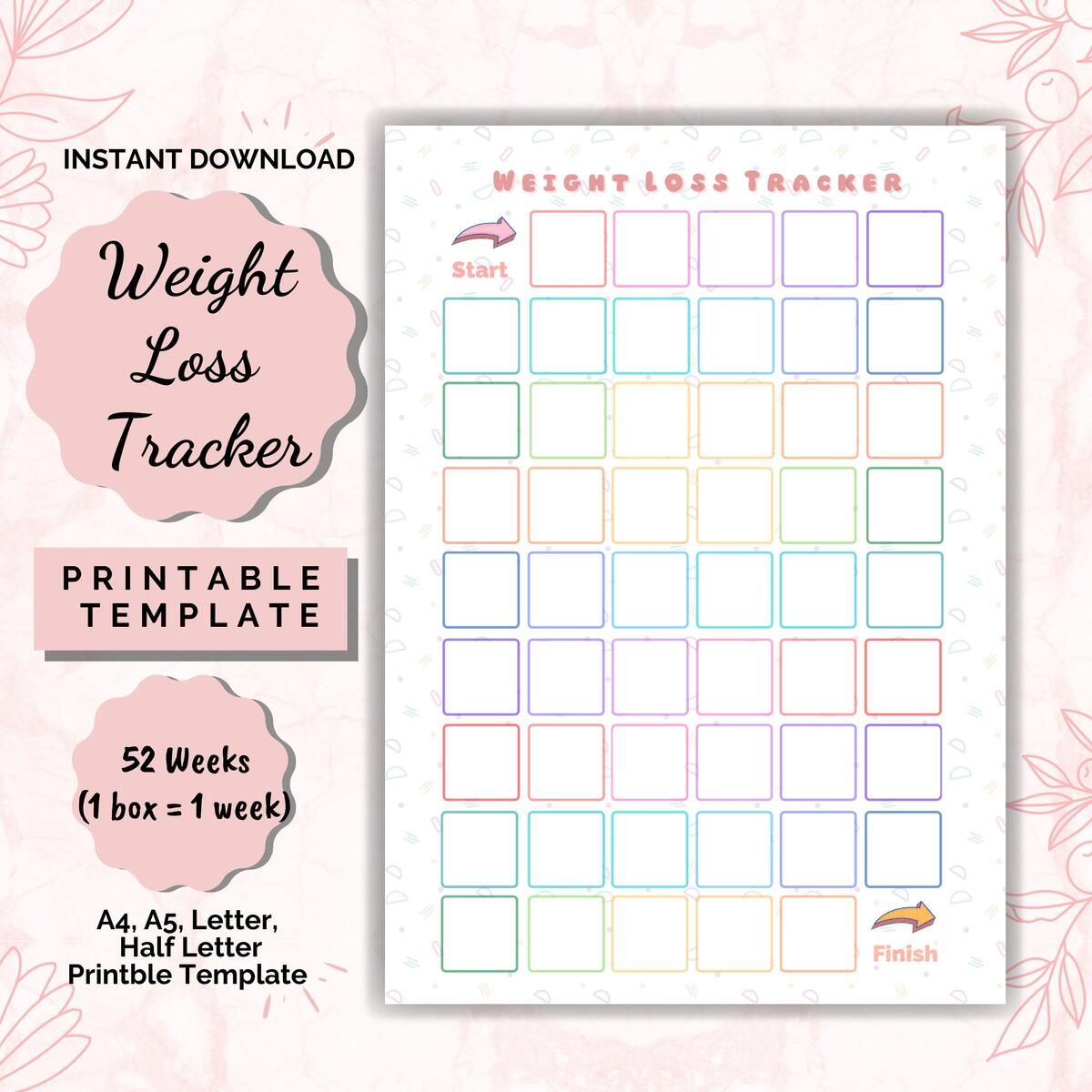 52 Week Weight Loss Tracker Printable Motivational Chart Digital Download Etsy
