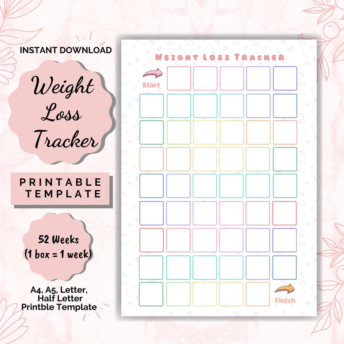 52 Week Weight Loss Tracker Printable Motivational Chart Digital Download Etsy