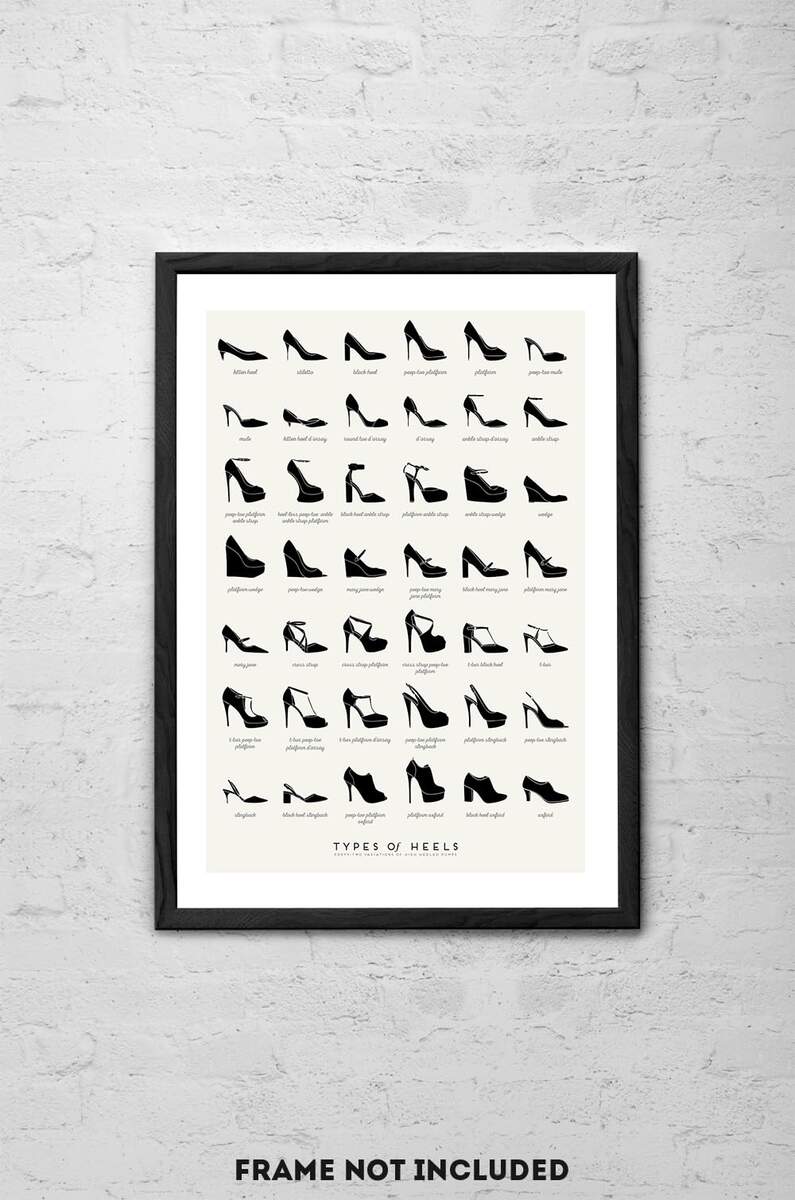 Amazon Generic Types Of Heels Art Print Women S Shoe Chart Poster Fashion Wall Art Decor Unframed 10 X 14 Black Cream Posters Prints Printable Infant Shoe Size Chart Baby Shoe Size Chart Printable PDF Word Template