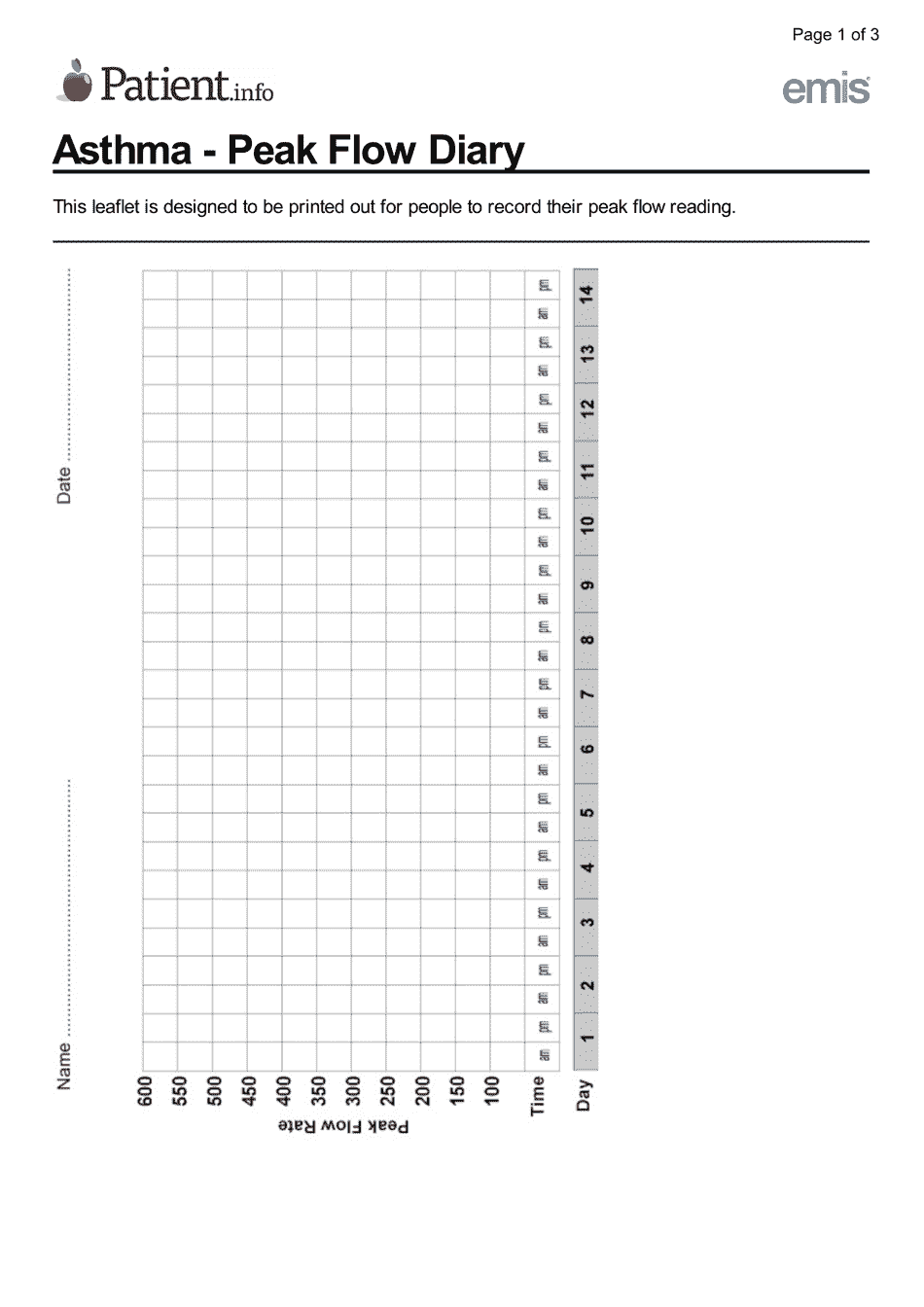 Asthma Peak Flow Diary Emis Download Printable PDF Templateroller Peak Flow Chart Templates 11 Free PDF Documents Download