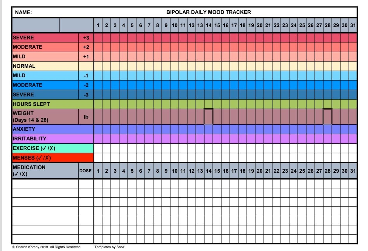 Bipolar Mood Chart Printable PDF File Etsy UK