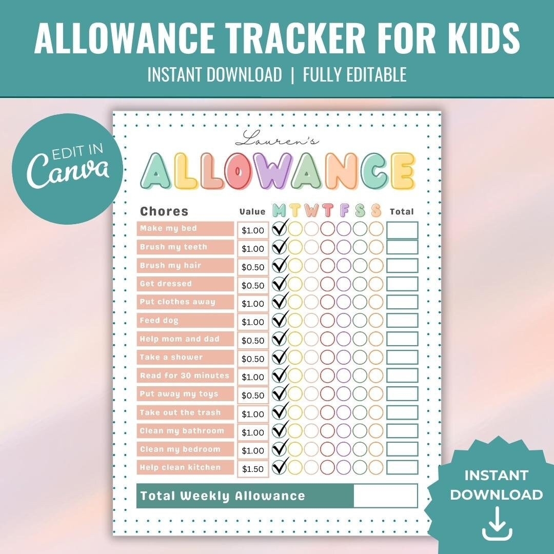 Editable Allowance Chore Chart For Kids Printable Allowance Tracker Daily Weekly Allowance Chart For Children Earn Money Responsibility Etsy