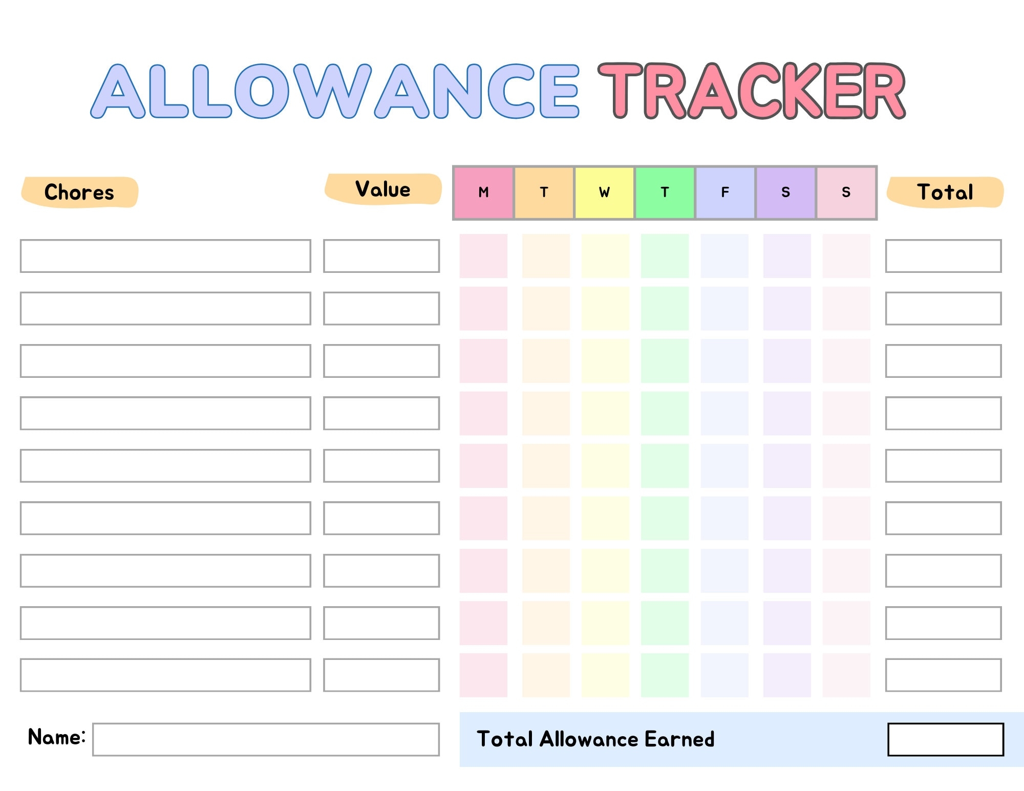 Editable Allowance Tracker Printable Allowance Chore Chart Daily Weekly Allowance Tracker For Teens Earn Money Chart Chore Chart Etsy