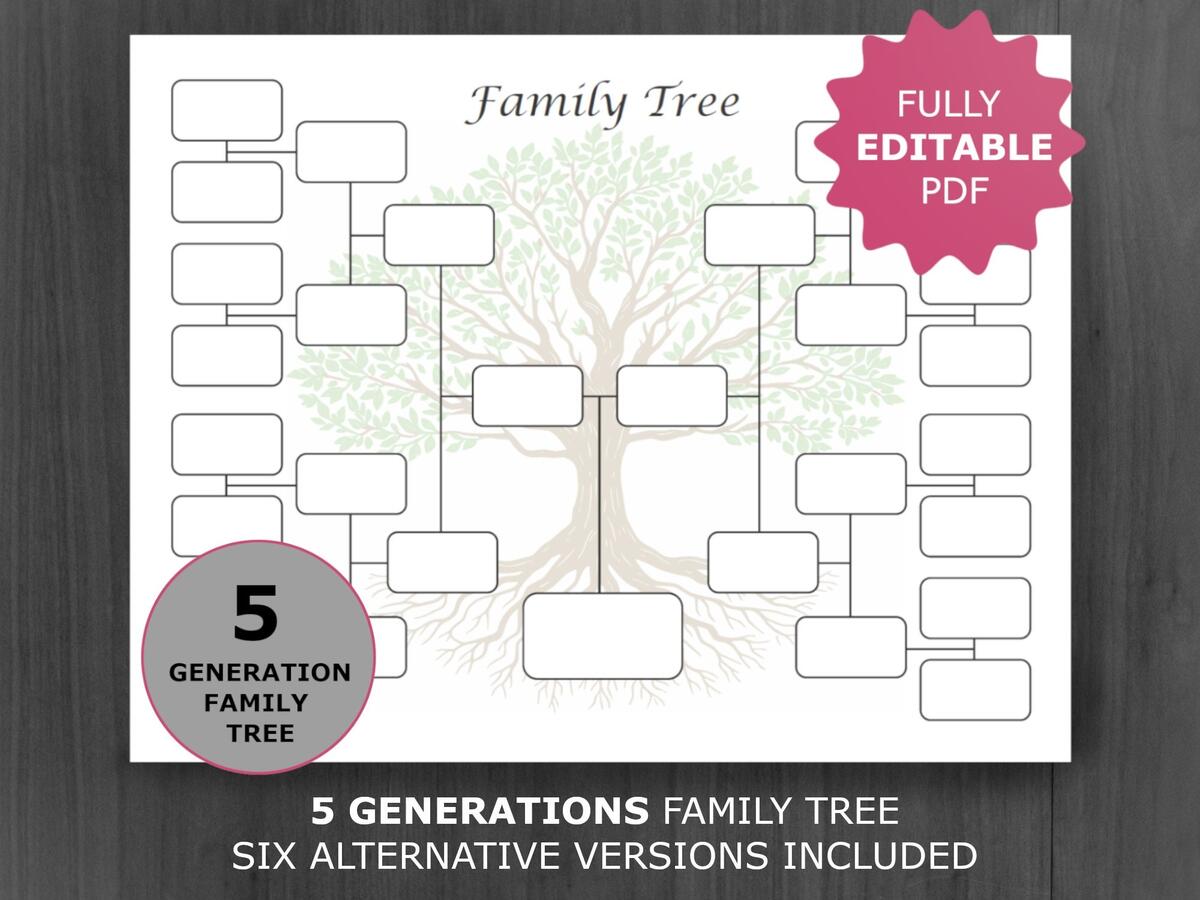 Family Tree Chart 5 Generation Printable And Editable Genealogy Template PDF Etsy