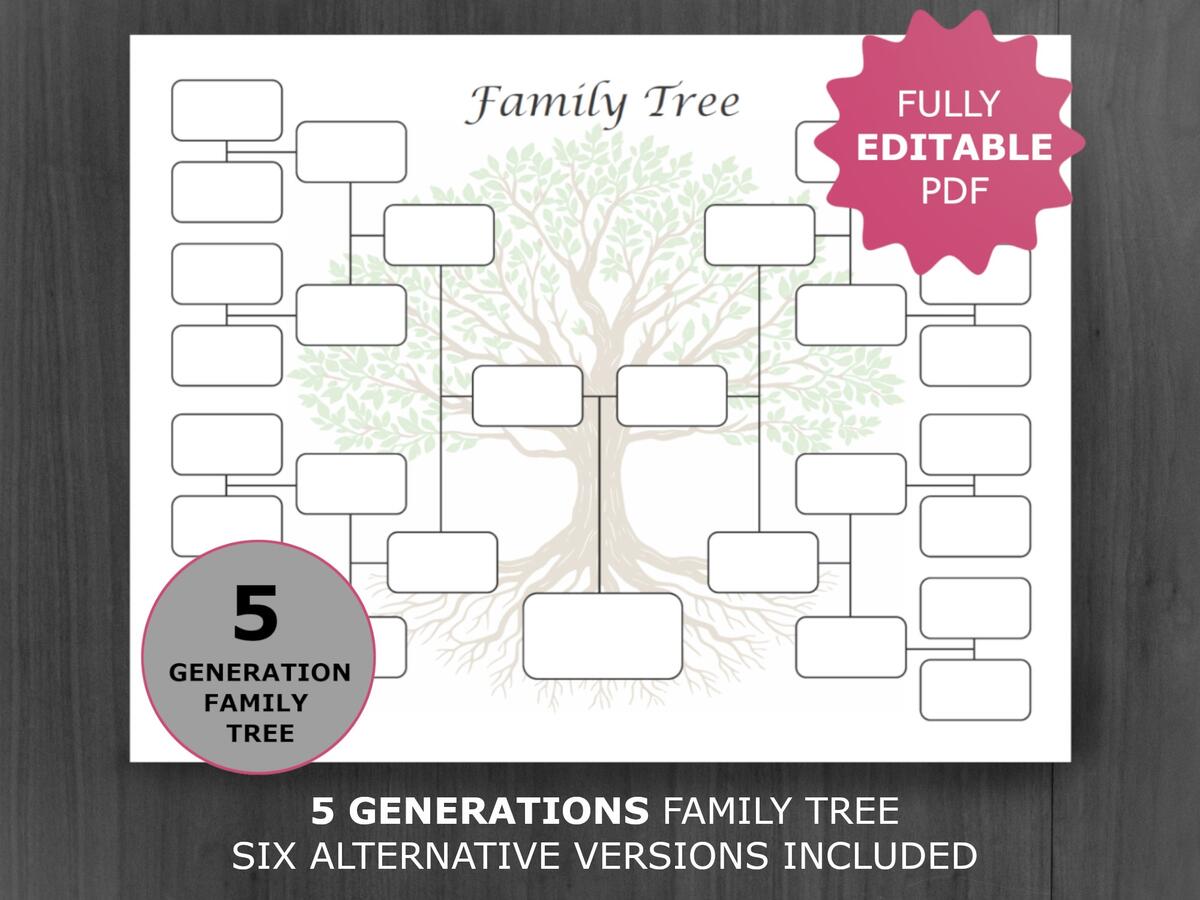 Family Tree Chart 5 Generation Printable And Editable Genealogy Template PDF Etsy