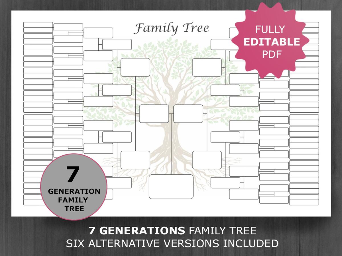Family Tree Chart 7 Generation Printable And Editable Genealogy Template PDF Etsy