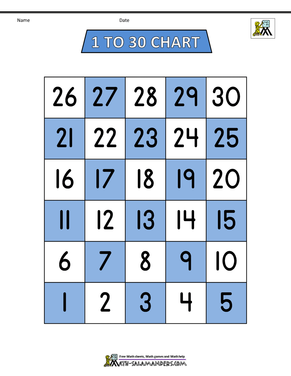 Free Number Chart 1 30 Free Number Chart 1 30