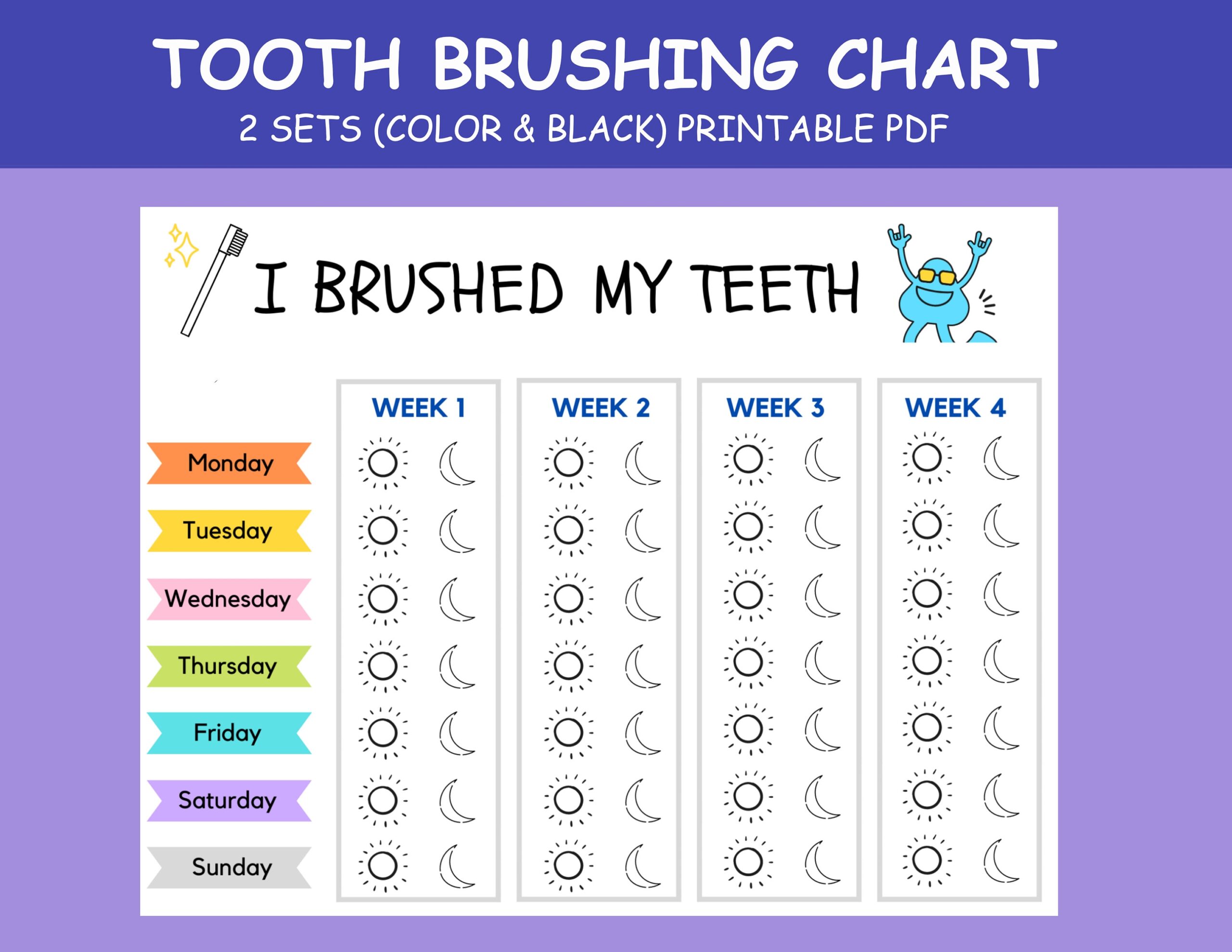 Printable Brushing Teeth Chart Toddler Brushing Kids Routine Monthly Brushing Checklist Toothbrush Schedule Print Yourself Etsy