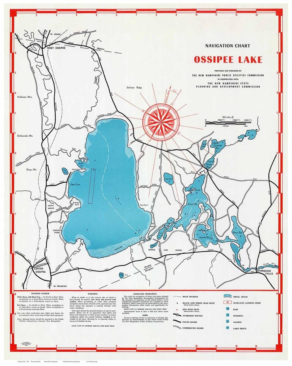 Ossipee Lake 1958 Navigation Map New Hampshire Islands Coves Named Custom Print Etsy