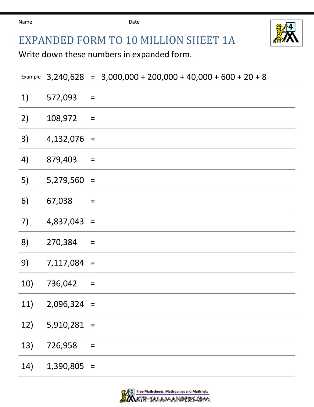 Place Value Worksheet Up To 10 Million