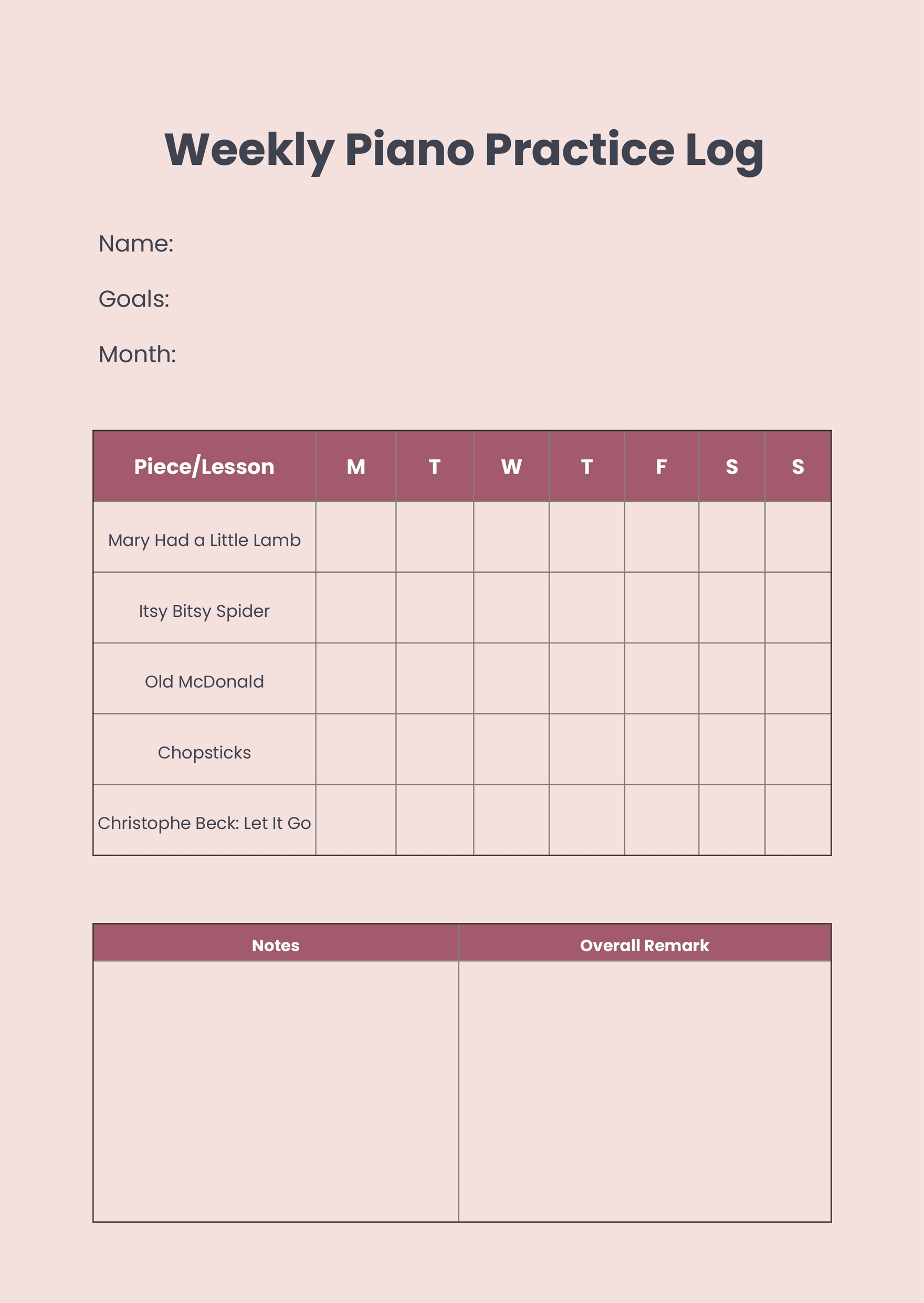 Practice Chart For Piano In Illustrator PDF Download Template