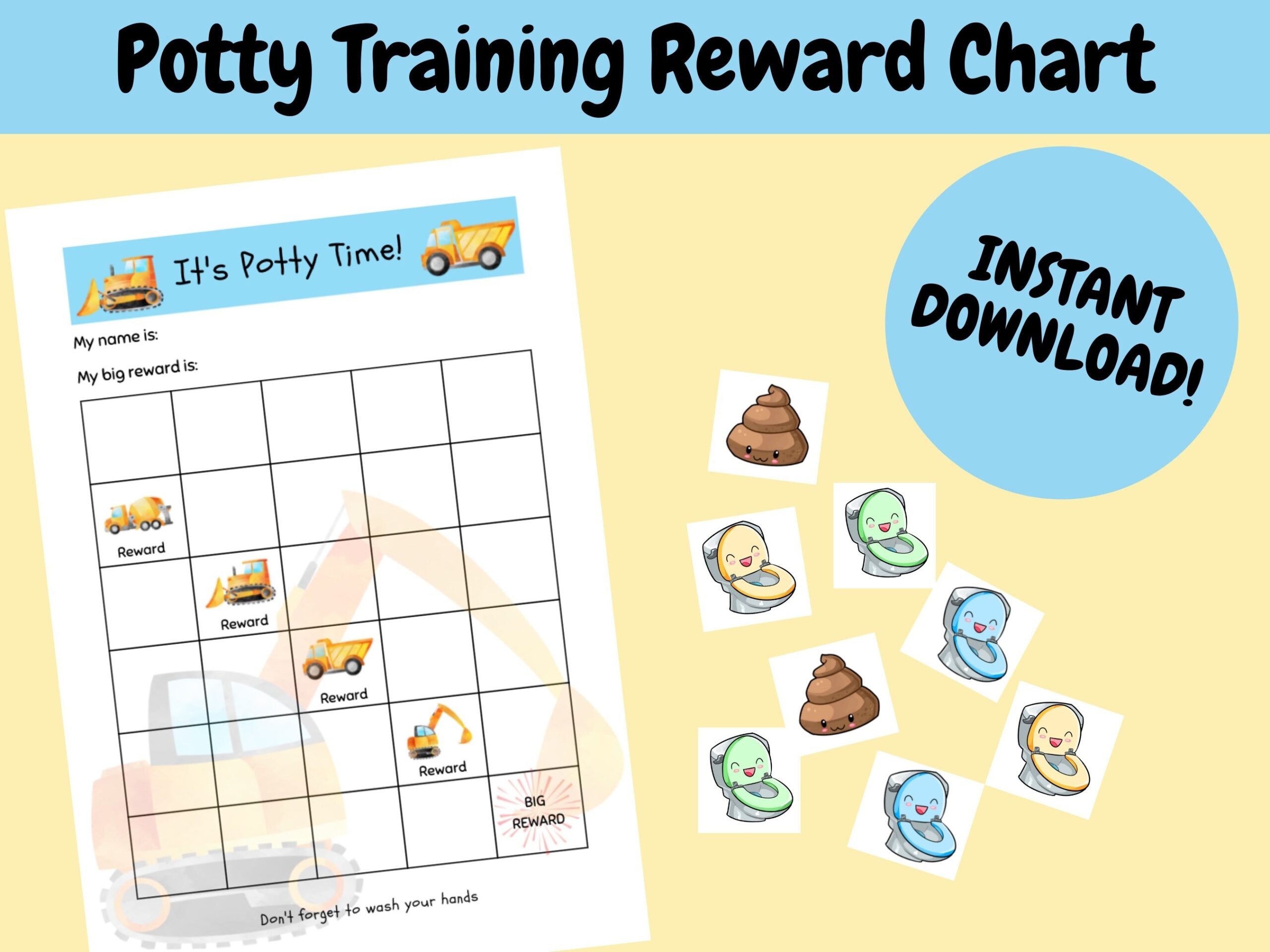 Printable Construction Potty Training Reward Chart Instant Download Toilet Training Reward Chart Potty Training Chart For Boys Etsy