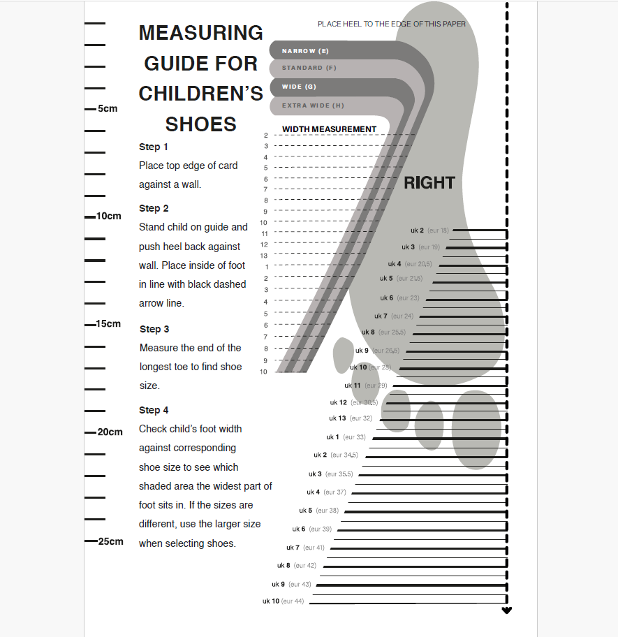 Printable Foot Measure Shoe Width Chart Uk Clarks Sizing Chart Clarks Foot Measure Print Out Clarks