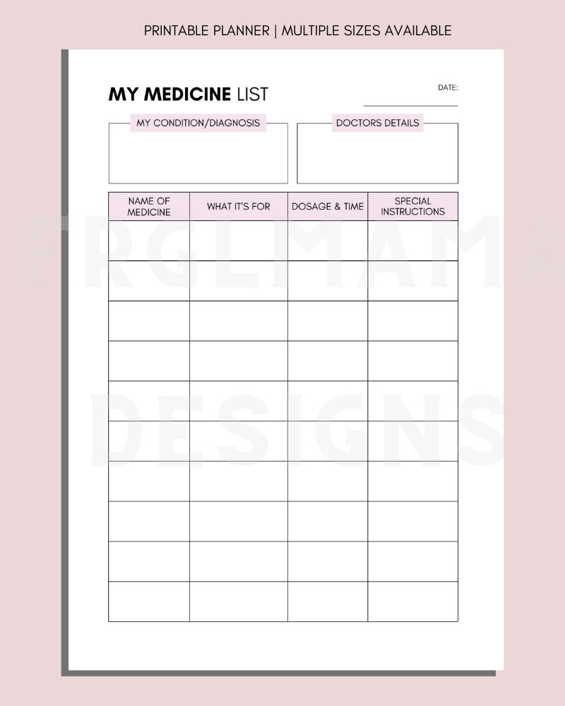 Printable Medication Tracker Daily Medication Log A4 A5 US Letter PDF Etsy