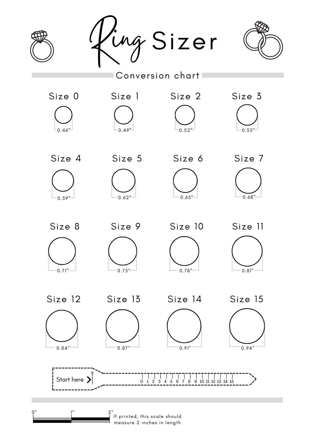 Printable Ring Sizer Ring Size Inches Printable Measuring Tool International Ring Size Chart Measure Ring Size Instant Download Etsy Israel
