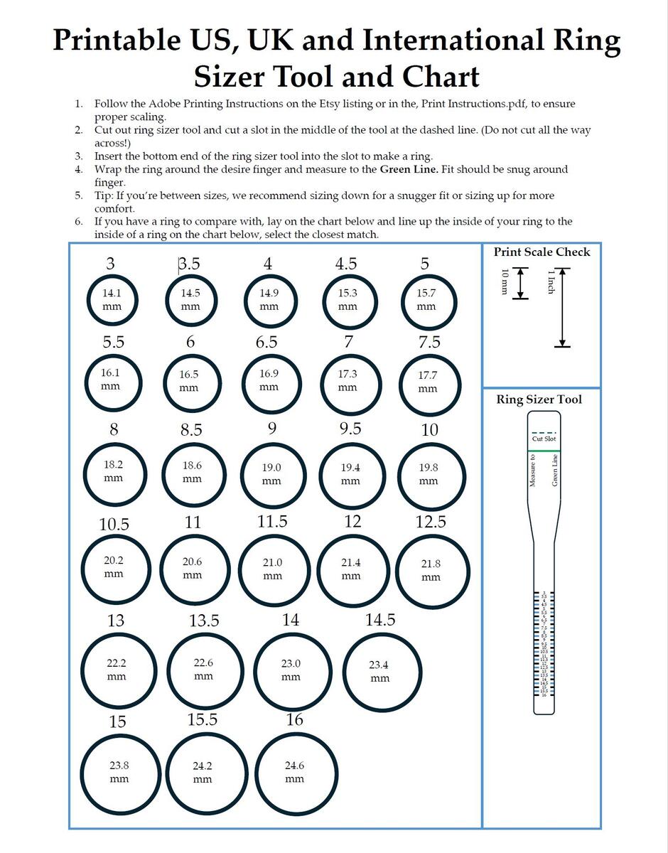 Printable Ring Sizer Tool US UK International Size Chart PDF Download Etsy Norway