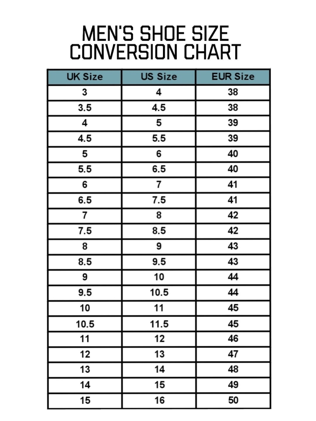Conversion Chart Size Us In Eu Mens Shoe Size Conversion Chart Template Instant Printable