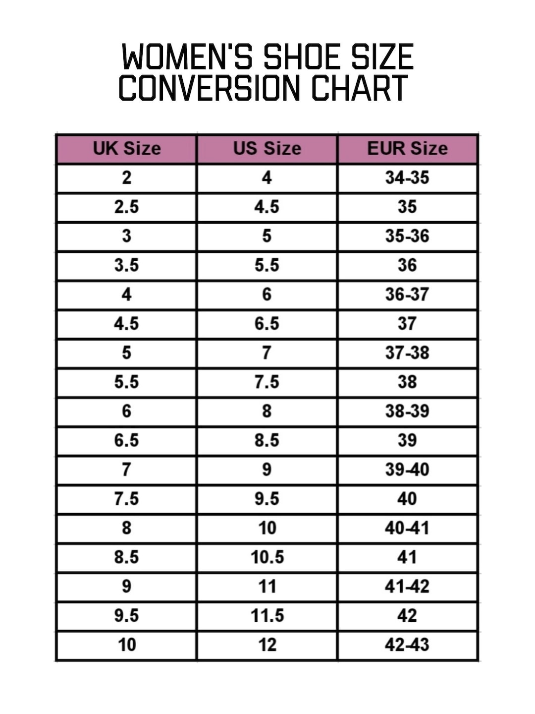 Women s Shoe Size Conversion Chart UK US EUR digital Download Etsy Denmark