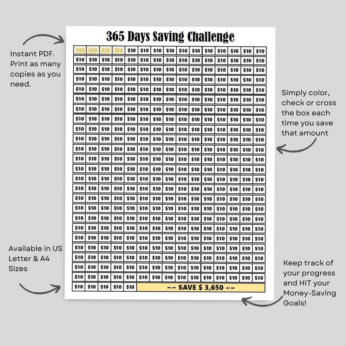365 Days Savings Challenge 10 Dollars Daily Saving Challenge Printable Savings Tracker 1 Year Money Saving 365 Days Save Money Challenge Etsy Finland