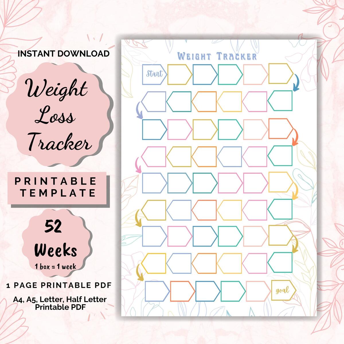 52 Week Weight Loss Tracker Printable Motivational Chart PDF Etsy