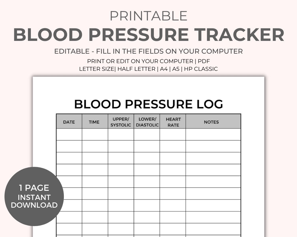 Blood Pressure Log Tracker Printable High Blood Pressure Record Journal Medical Chart Heart Rate Tracking Daily Hypertension BP Check Etsy