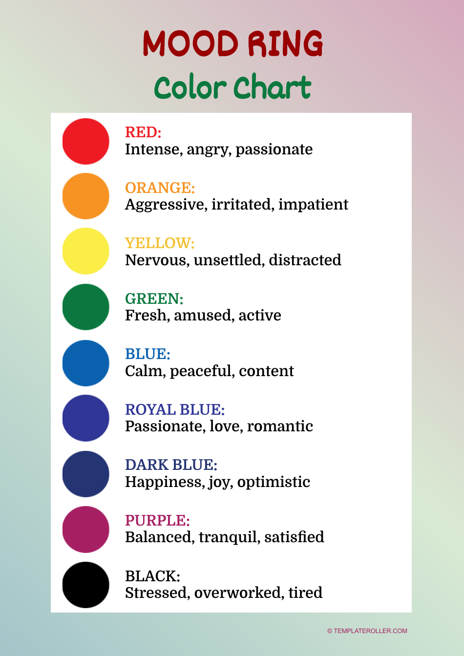 Mood Changing Mood Ring Chart Printable Stainless Steel Mood Ring Colors And Meaning Mood Rings Adjustable