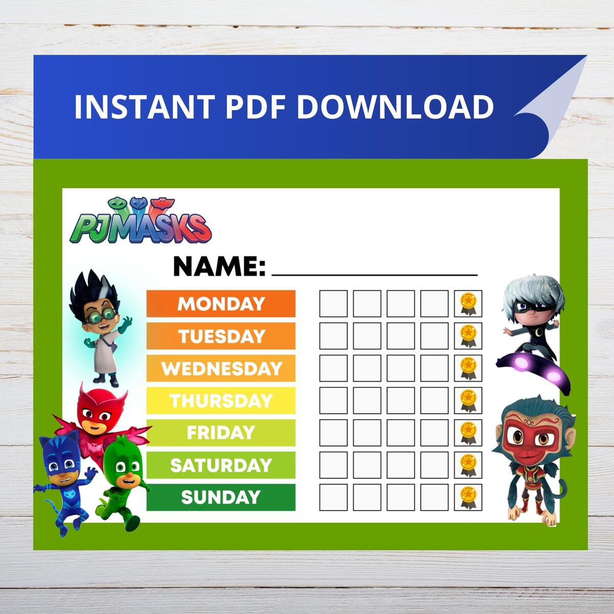 Printable PJ Masks Inspired Reward Chart Instant Download Kids Routine Sticker Chart Etsy