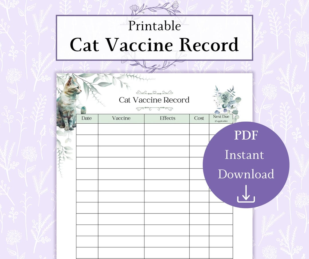 Printable Cat Vaccine Health Record PDF Pet Health Tracker Pet Vaccine Tracker Pet Medical Record Cat Immunization Chart Etsy
