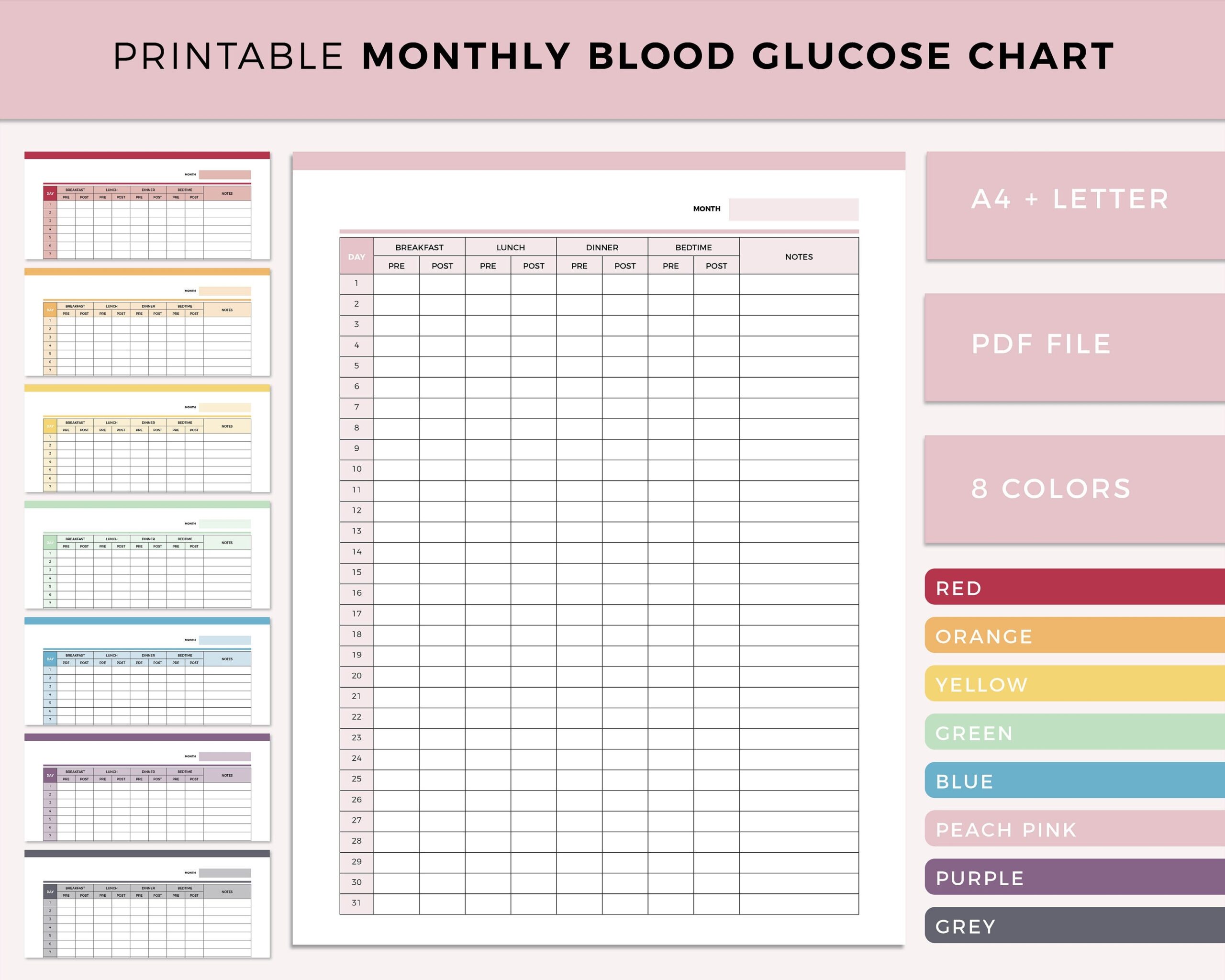 Printable Monthly Blood Glucose Sugar PDF Blood Glucose Log Blood Sugar Tracker Blood Sugar Tracking PDF Gestational Diabetes Log Etsy