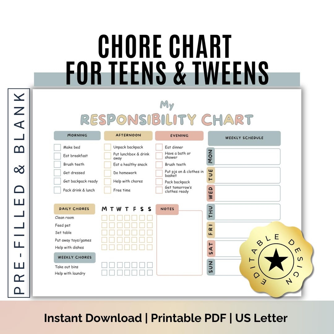 Teen Chore Chart Editable Responsibility Chart Daily Weekly Digital PDF Canva Template Etsy